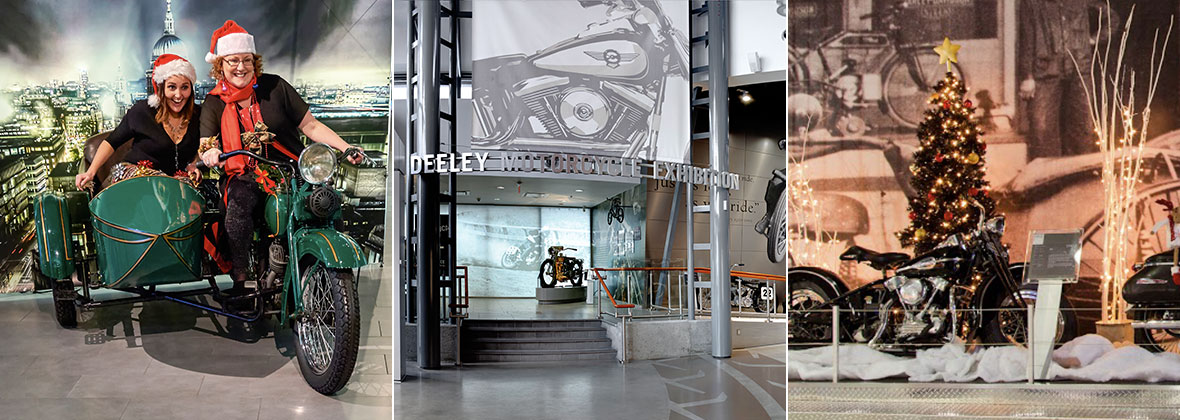 three image montage of Deeley Motorcycle Exhibition Event Venue and Motorcycle Museum.